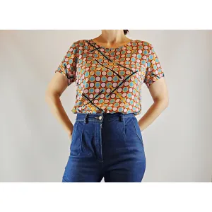 Life in Colour colourful unique print silky feel top with tee shirt sleeves size 8