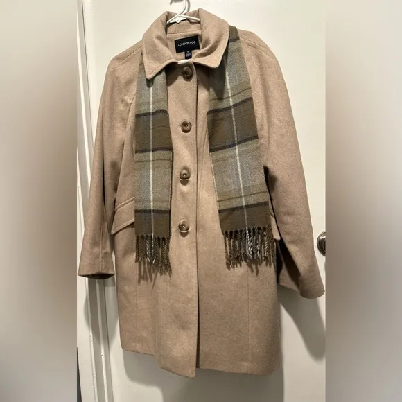 London Fog Women’s Oatmeal Heather Wool Blend Peacoat w/ Scarf,