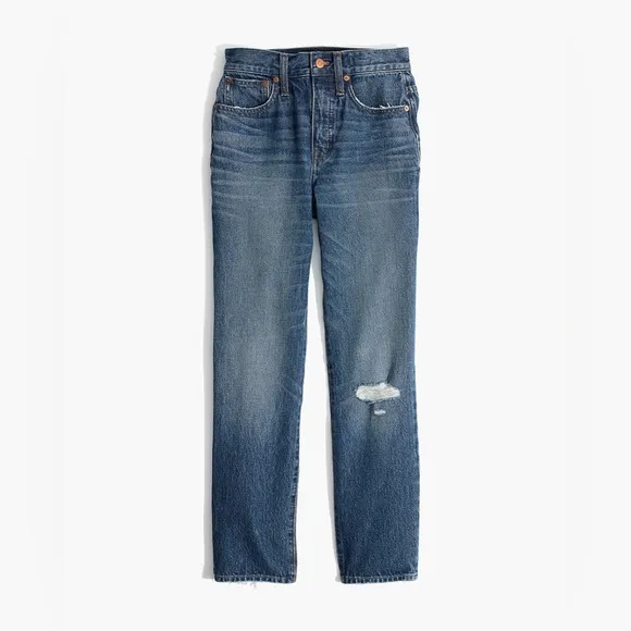 Madewell Classic Straight Jeans in Jade Wash: Knee-Rip Edition J7951