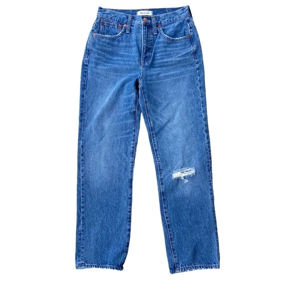 Madewell Classic Straight Jeans in Jade Wash: Knee-Rip Edition J7951
