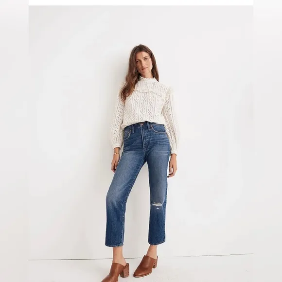 Madewell Classic Straight Jeans in Jade Wash: Knee-Rip Edition J7951