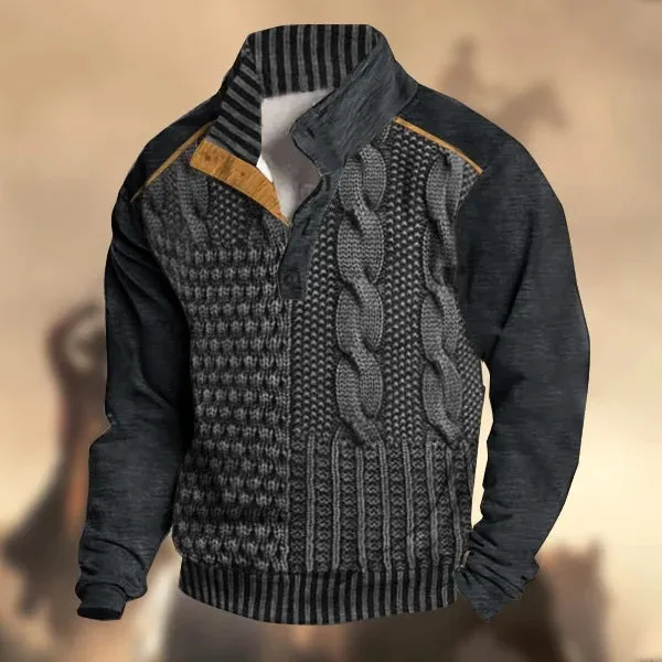 Men's Fall Winter 6-Button Knitted Henry Collar Two-tone Sweater