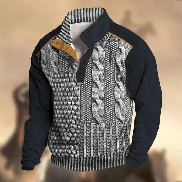 Men's Fall Winter 6-Button Knitted Henry Collar Two-tone Sweater