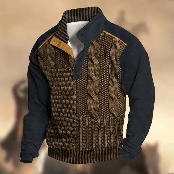 Men's Fall Winter 6-Button Knitted Henry Collar Two-tone Sweater