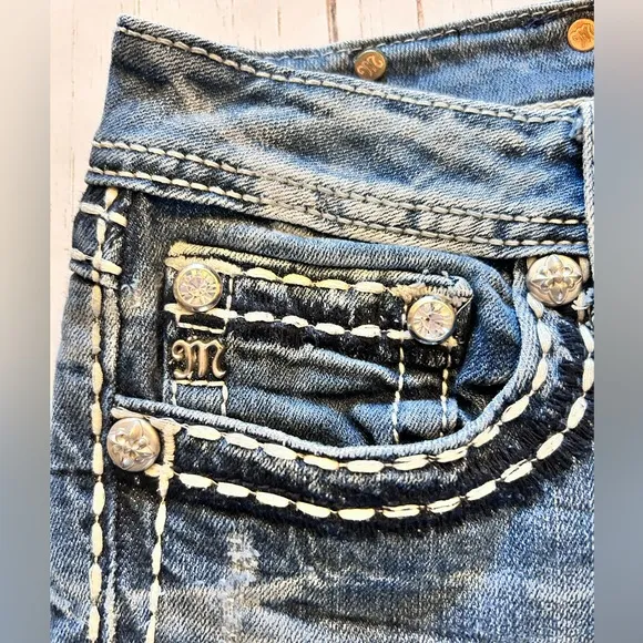 Miss Me Mid Rise Saddle Stitch Boot Cut Blue Jeans Size 30
