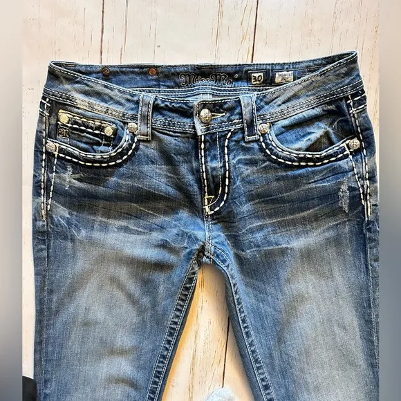 Miss Me Mid Rise Saddle Stitch Boot Cut Blue Jeans Size 30