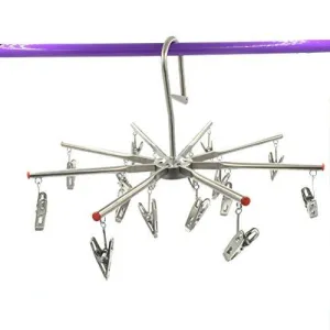 Mmei Stainless Steel Multi-function Foldable Portable Travel Hanging Rack Hook Drip Laundry Hanger With 16 Clips for Drying Clothing Towels Diapers Underwear Socks