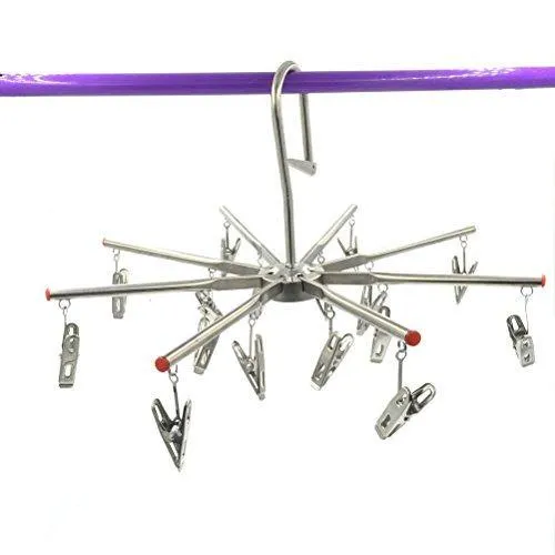 Mmei Stainless Steel Multi-function Foldable Portable Travel Hanging Rack Hook Drip Laundry Hanger With 16 Clips for Drying Clothing Towels Diapers Underwear Socks
