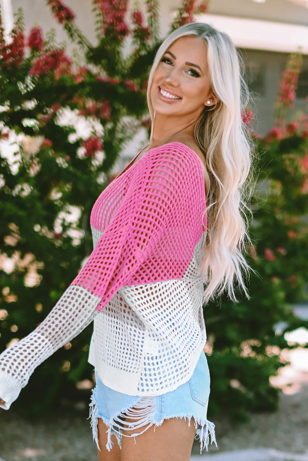 Multicolor Color Block Eyelet Long Sleeve Twisted Back Knit Top