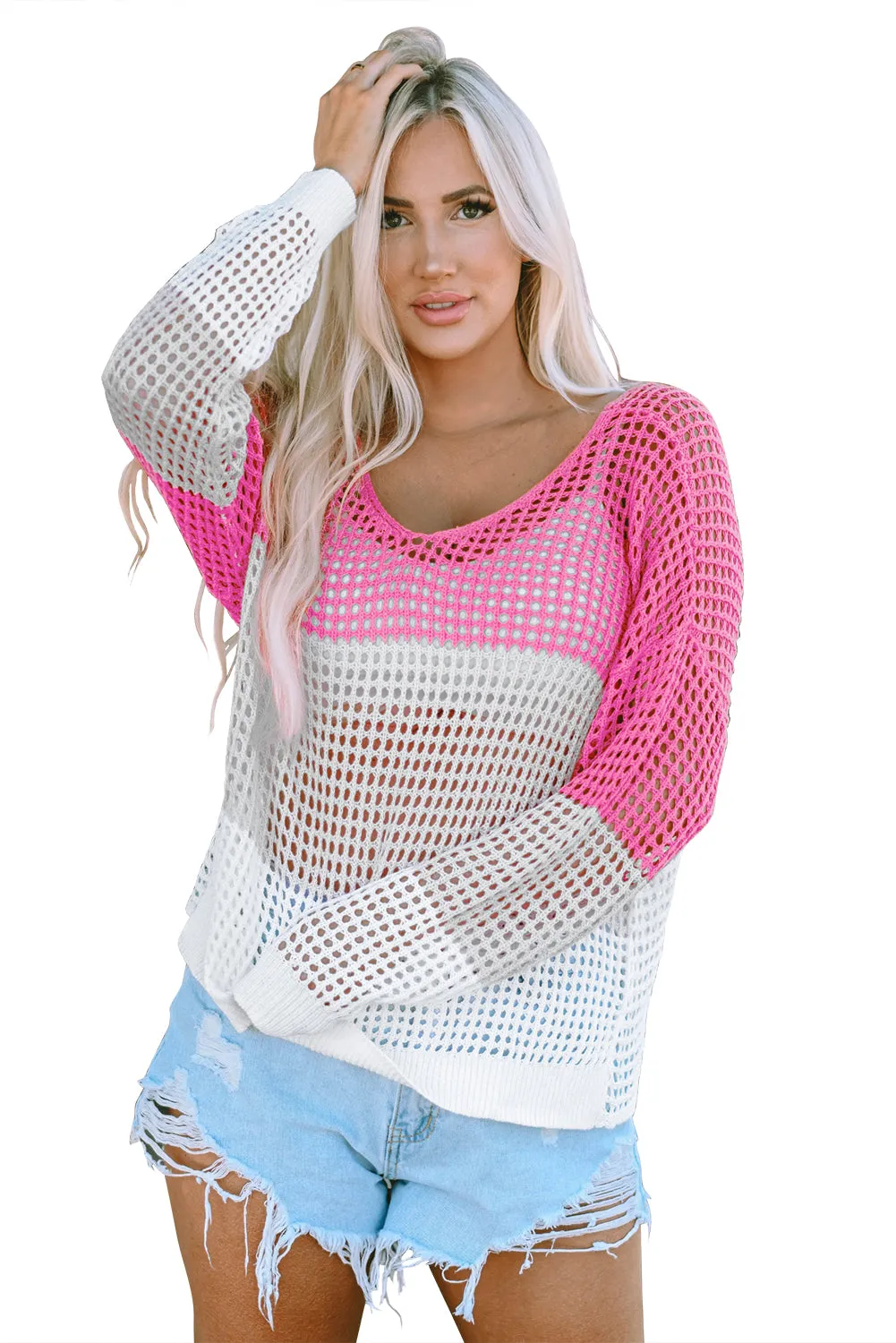 Multicolor Color Block Eyelet Long Sleeve Twisted Back Knit Top