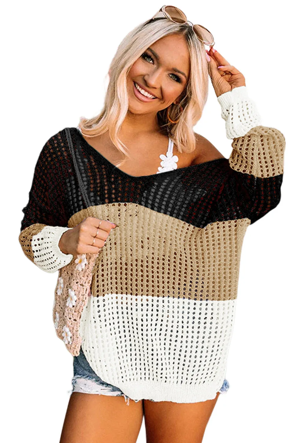 Multicolor Color Block Eyelet Long Sleeve Twisted Back Knit Top