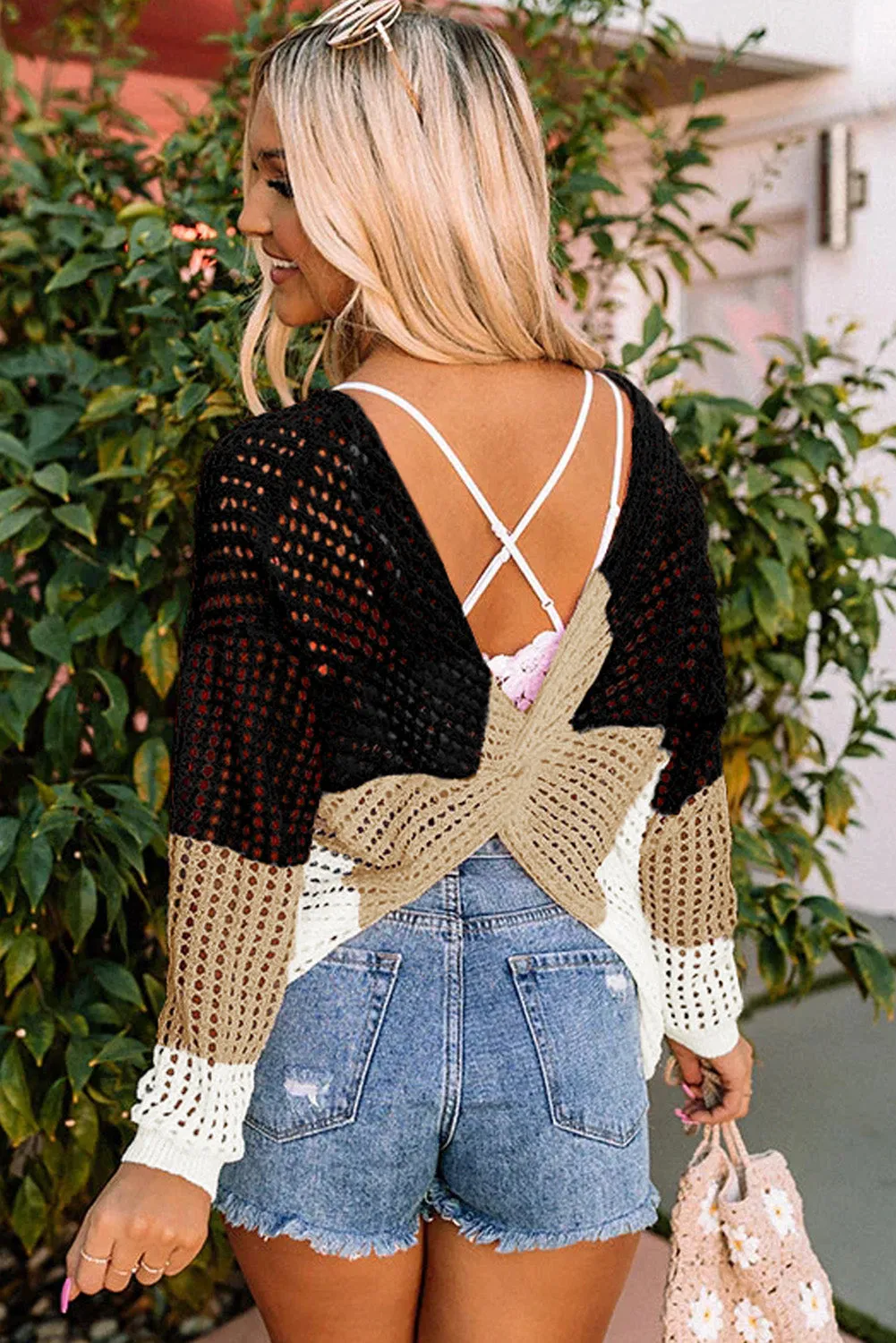 Multicolor Color Block Eyelet Long Sleeve Twisted Back Knit Top