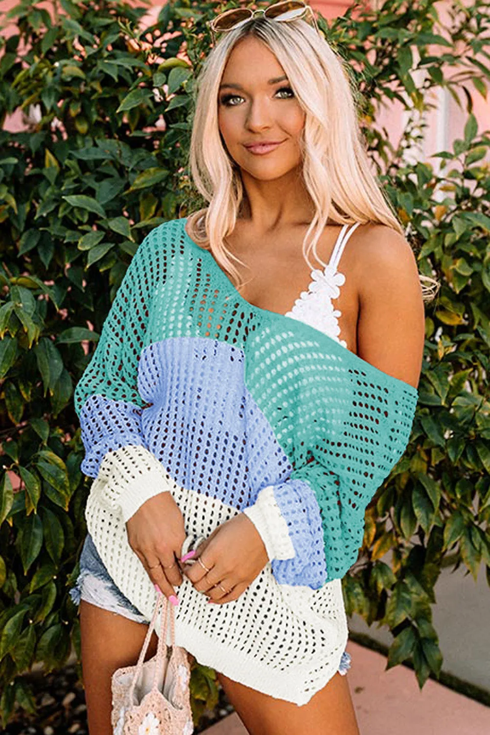 Multicolor Color Block Eyelet Long Sleeve Twisted Back Knit Top