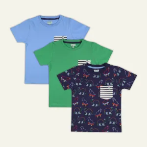 Multicoloured Plain And Dinosaur Print T-shirts - 3 Pack