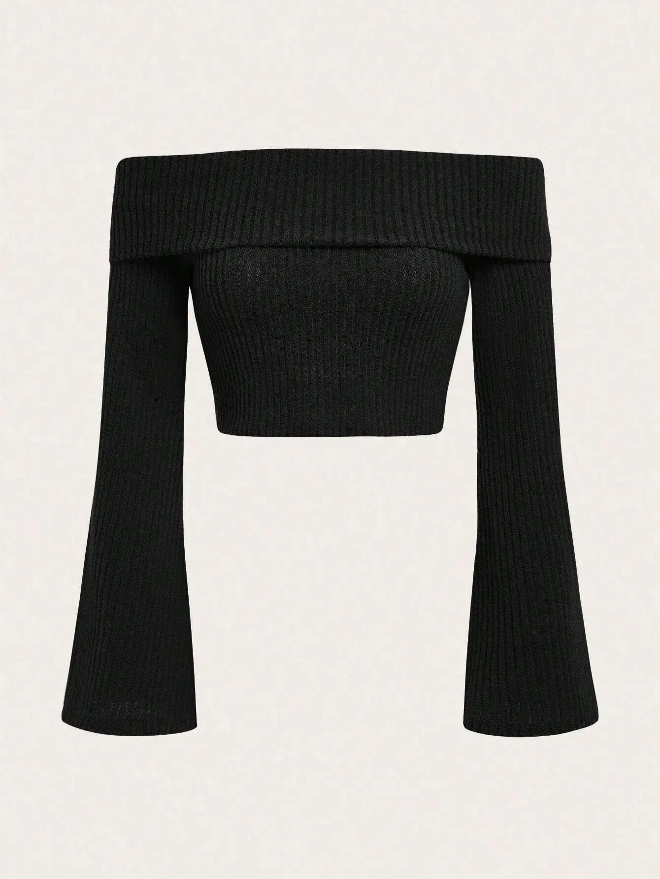 Obsidian Phoenix Women's Luxury Off-Shoulder Rib-Knit Crop Top - Sexy Flare Sleeve Fleece Blouse