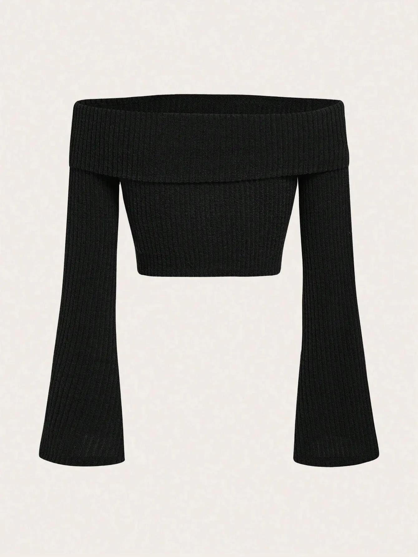 Obsidian Phoenix Women's Luxury Off-Shoulder Rib-Knit Crop Top - Sexy Flare Sleeve Fleece Blouse