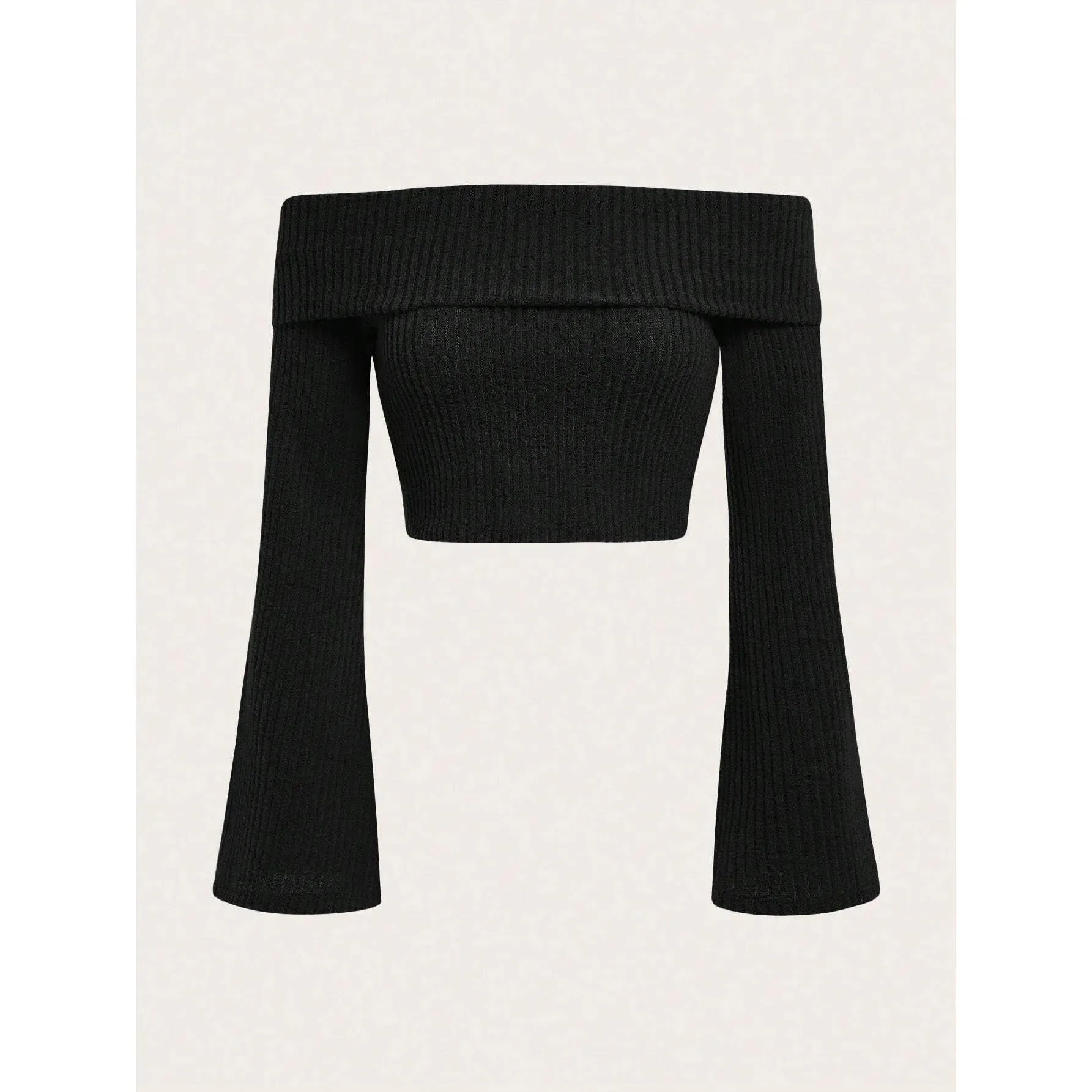 Obsidian Phoenix Women's Luxury Off-Shoulder Rib-Knit Crop Top - Sexy Flare Sleeve Fleece Blouse