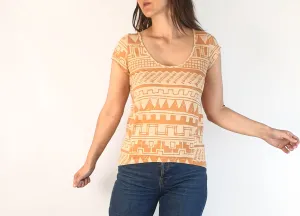 Obus orange unique print scoop neck top size 0, best fits 6 and 8