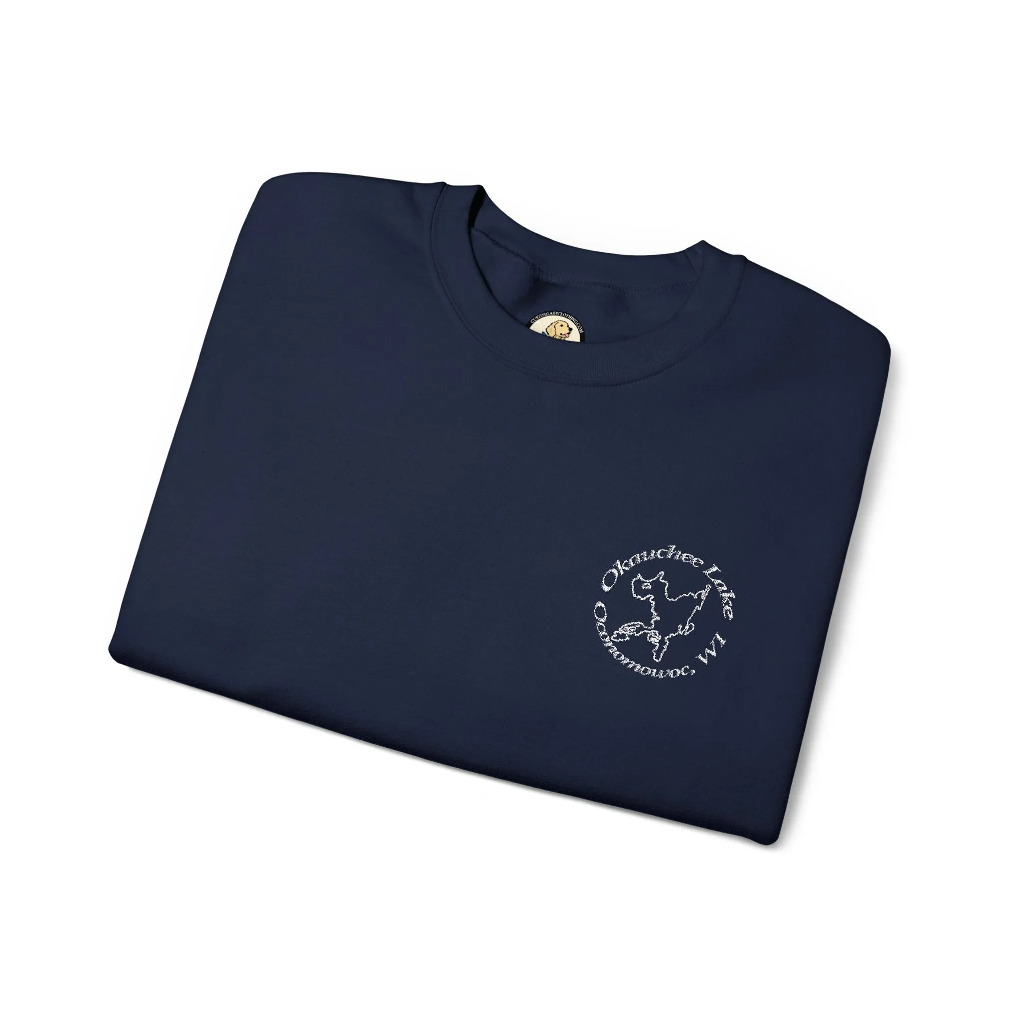 Okauchee Lake Embroidered circle text Oconomowoc WI Unisex Heavy Blend™ Crewneck Sweatshirt