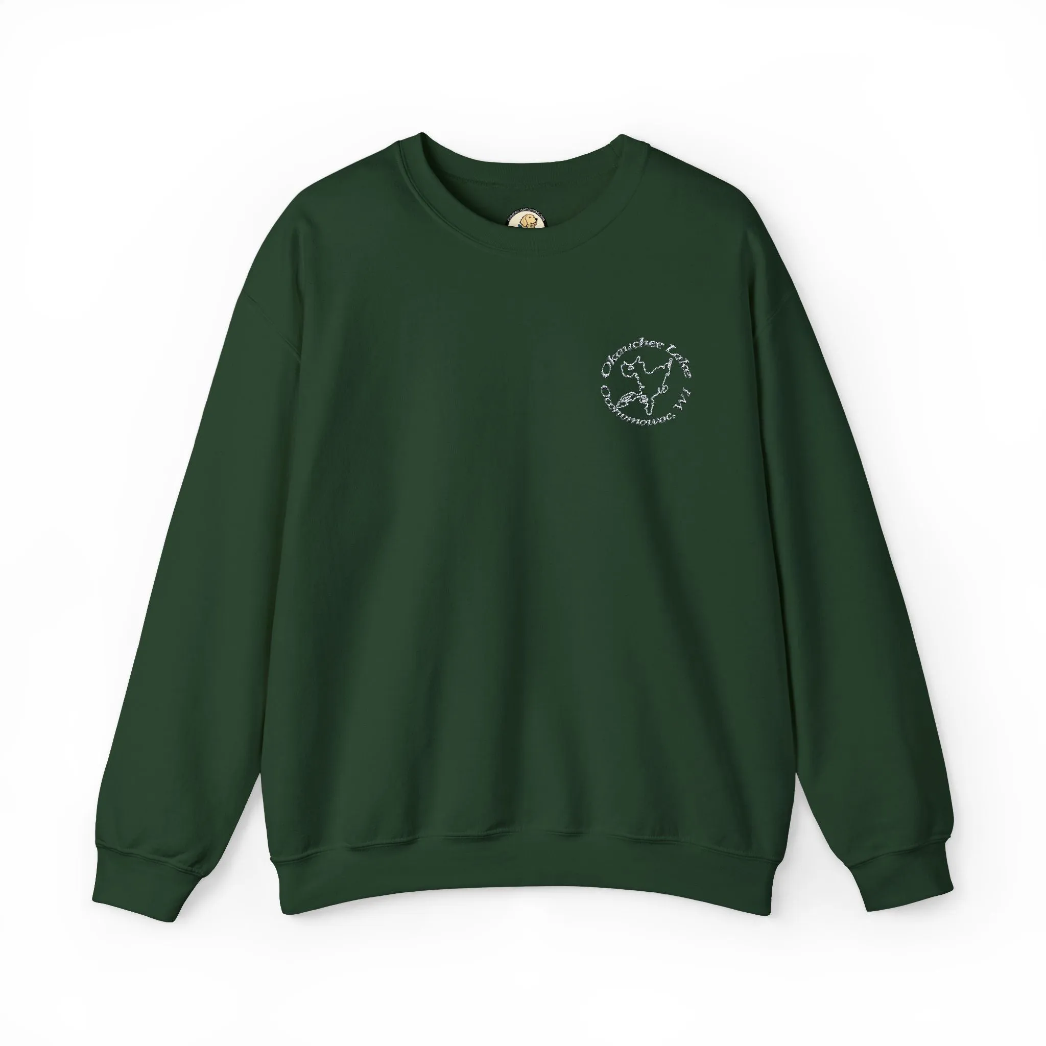 Okauchee Lake Embroidered circle text Oconomowoc WI Unisex Heavy Blend™ Crewneck Sweatshirt