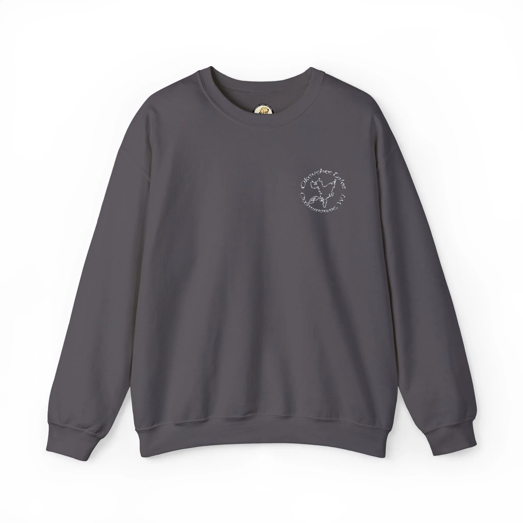 Okauchee Lake Embroidered circle text Oconomowoc WI Unisex Heavy Blend™ Crewneck Sweatshirt