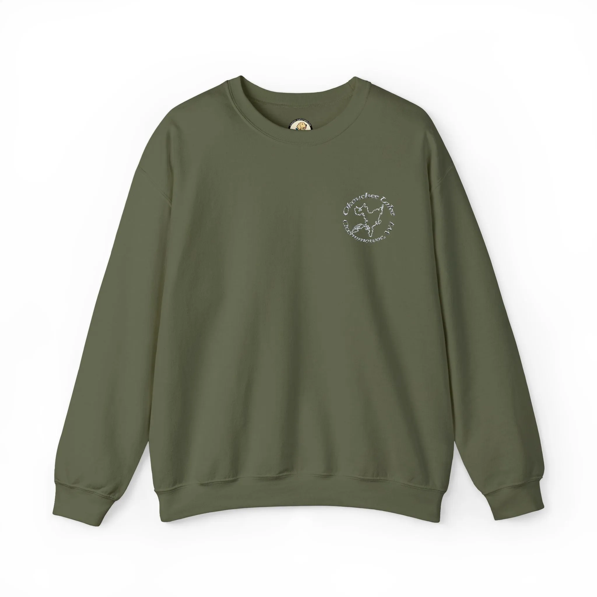Okauchee Lake Embroidered circle text Oconomowoc WI Unisex Heavy Blend™ Crewneck Sweatshirt