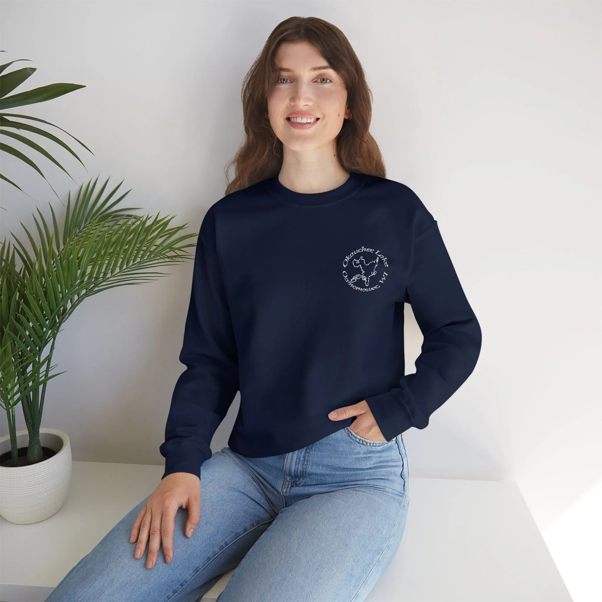Okauchee Lake Embroidered circle text Oconomowoc WI Unisex Heavy Blend™ Crewneck Sweatshirt