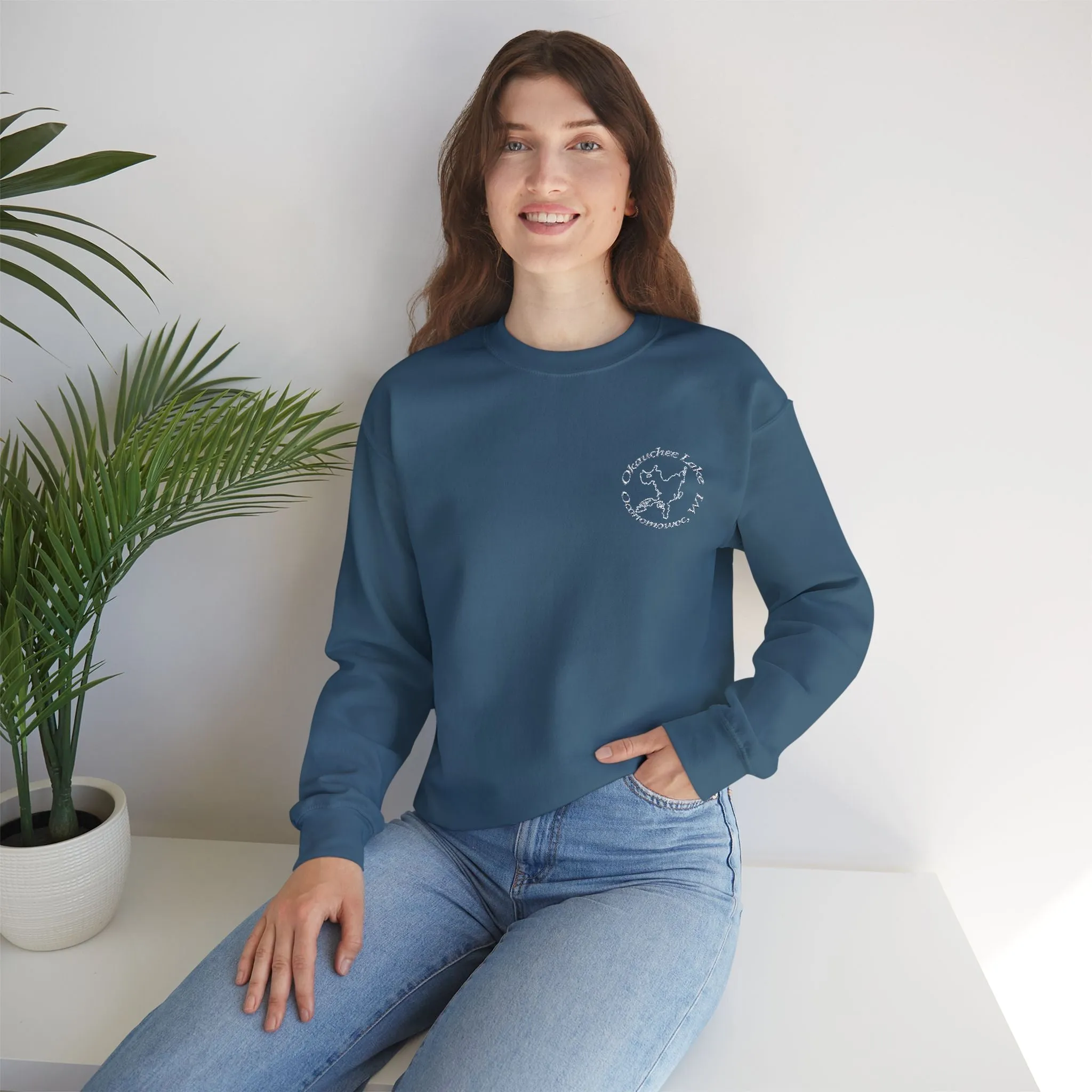 Okauchee Lake Embroidered circle text Oconomowoc WI Unisex Heavy Blend™ Crewneck Sweatshirt