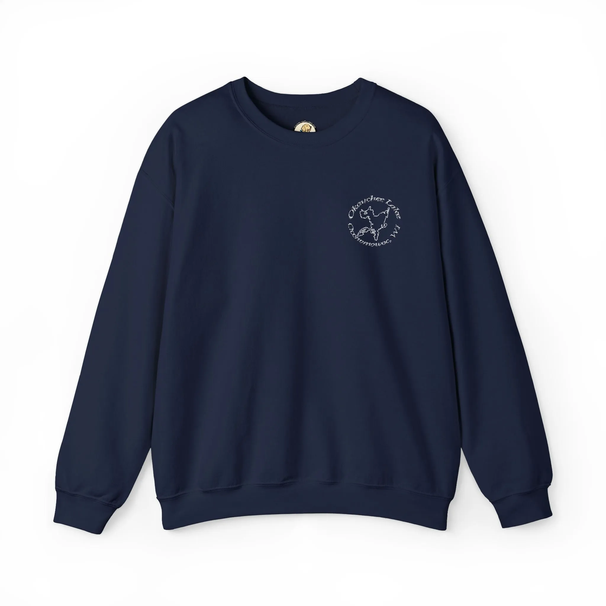 Okauchee Lake Embroidered circle text Oconomowoc WI Unisex Heavy Blend™ Crewneck Sweatshirt
