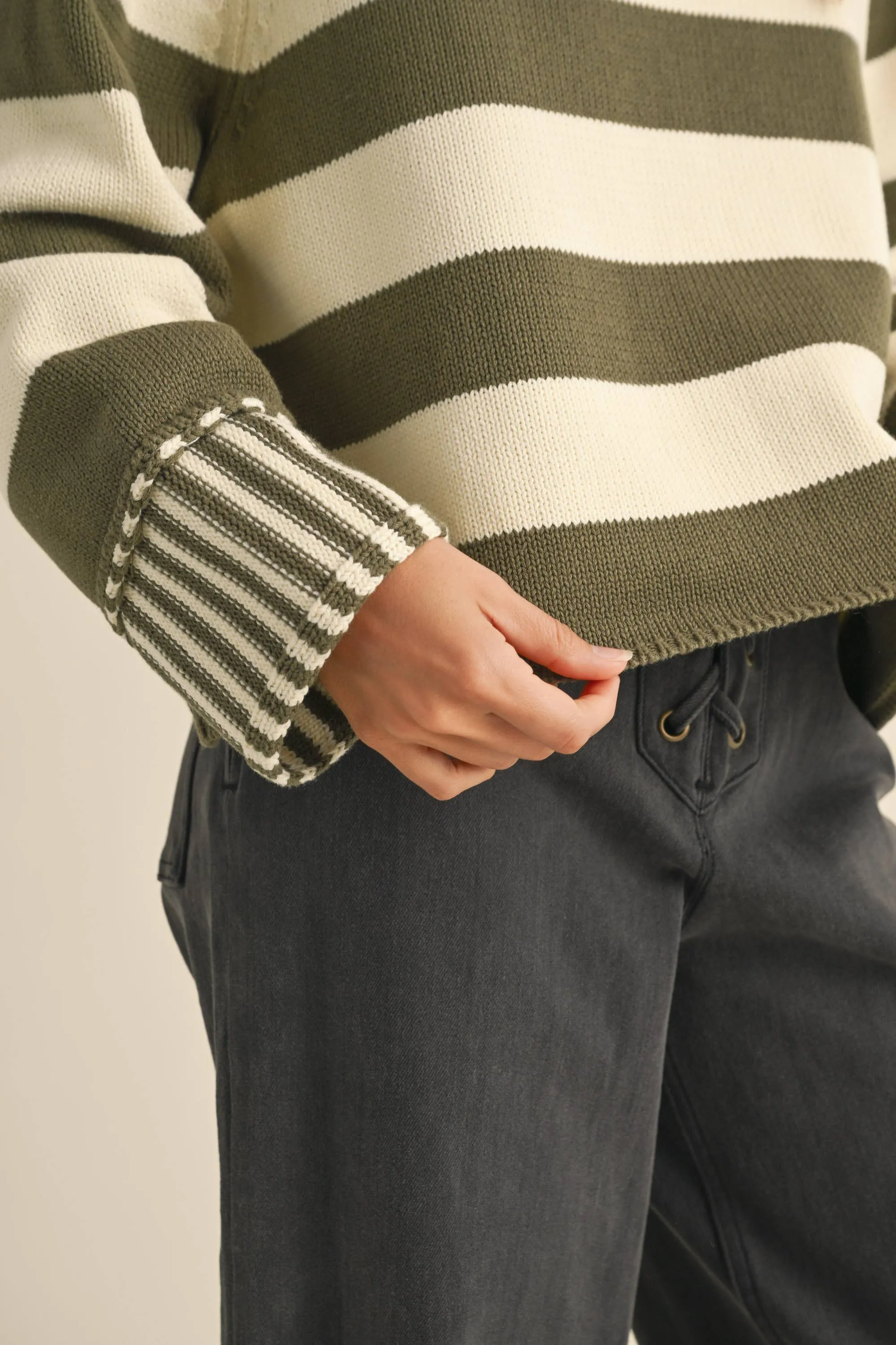 OLIVE/WHITE STRIPED SWEATER TOP