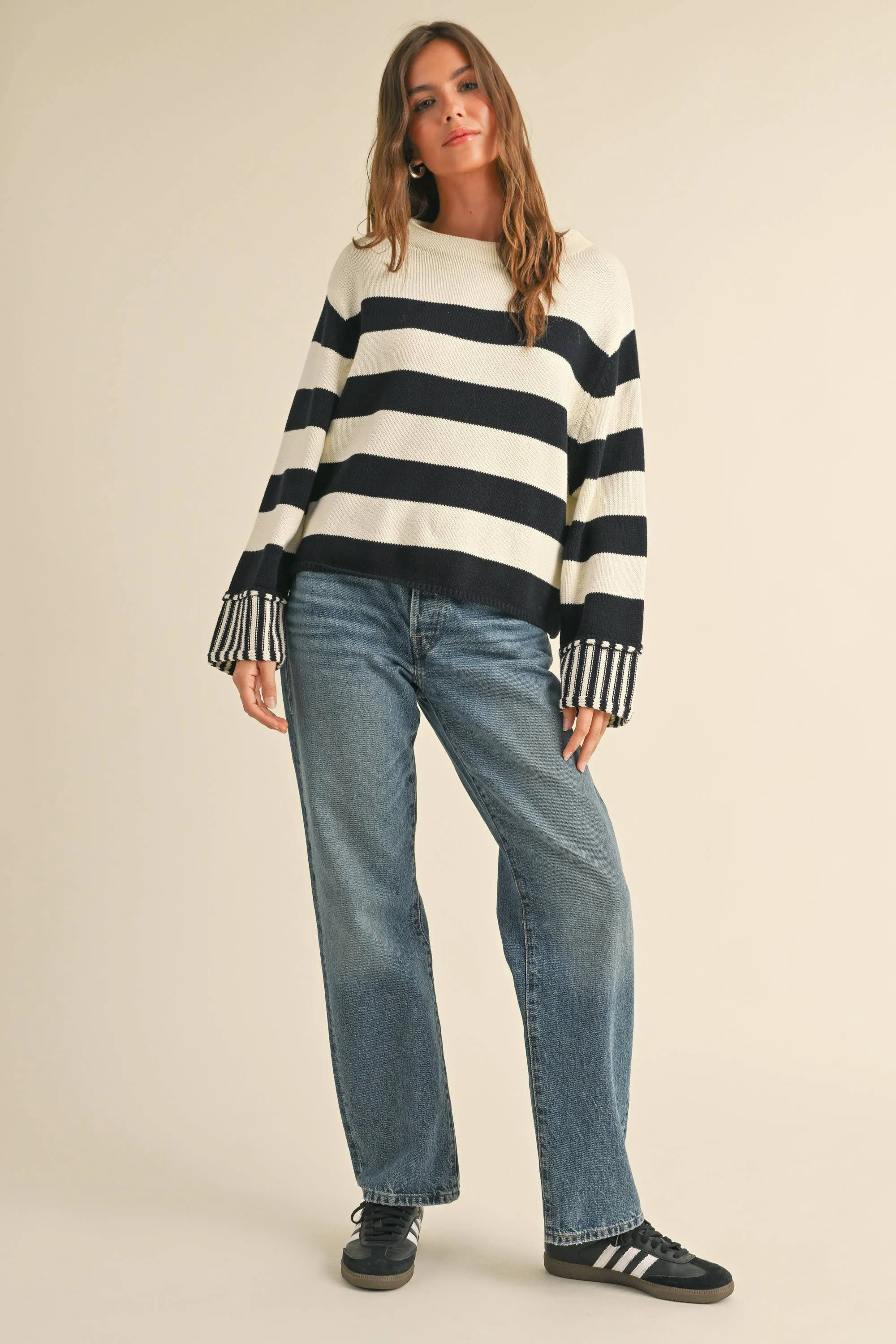 OLIVE/WHITE STRIPED SWEATER TOP