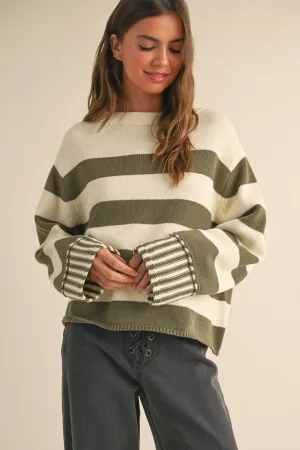 OLIVE/WHITE STRIPED SWEATER TOP