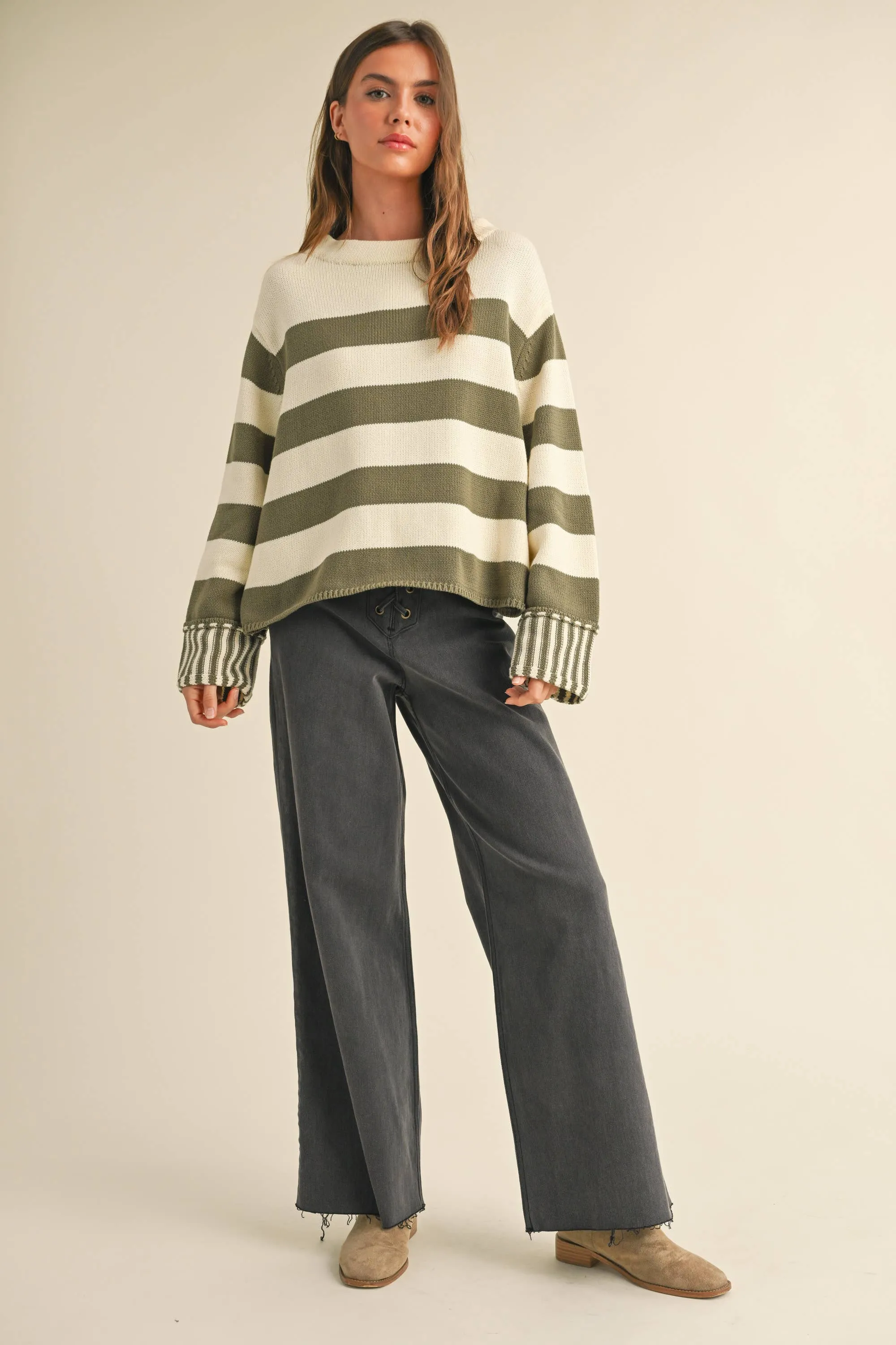 OLIVE/WHITE STRIPED SWEATER TOP
