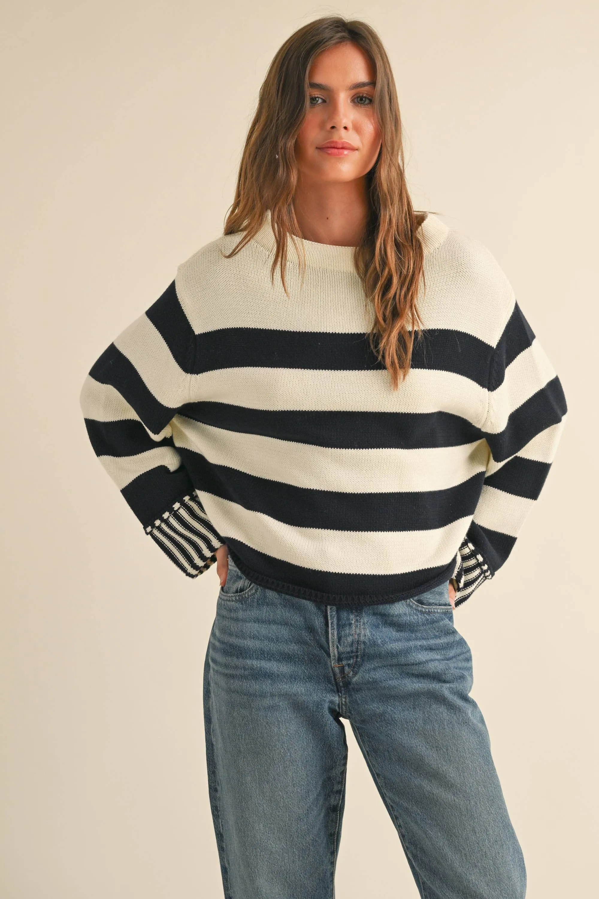 OLIVE/WHITE STRIPED SWEATER TOP