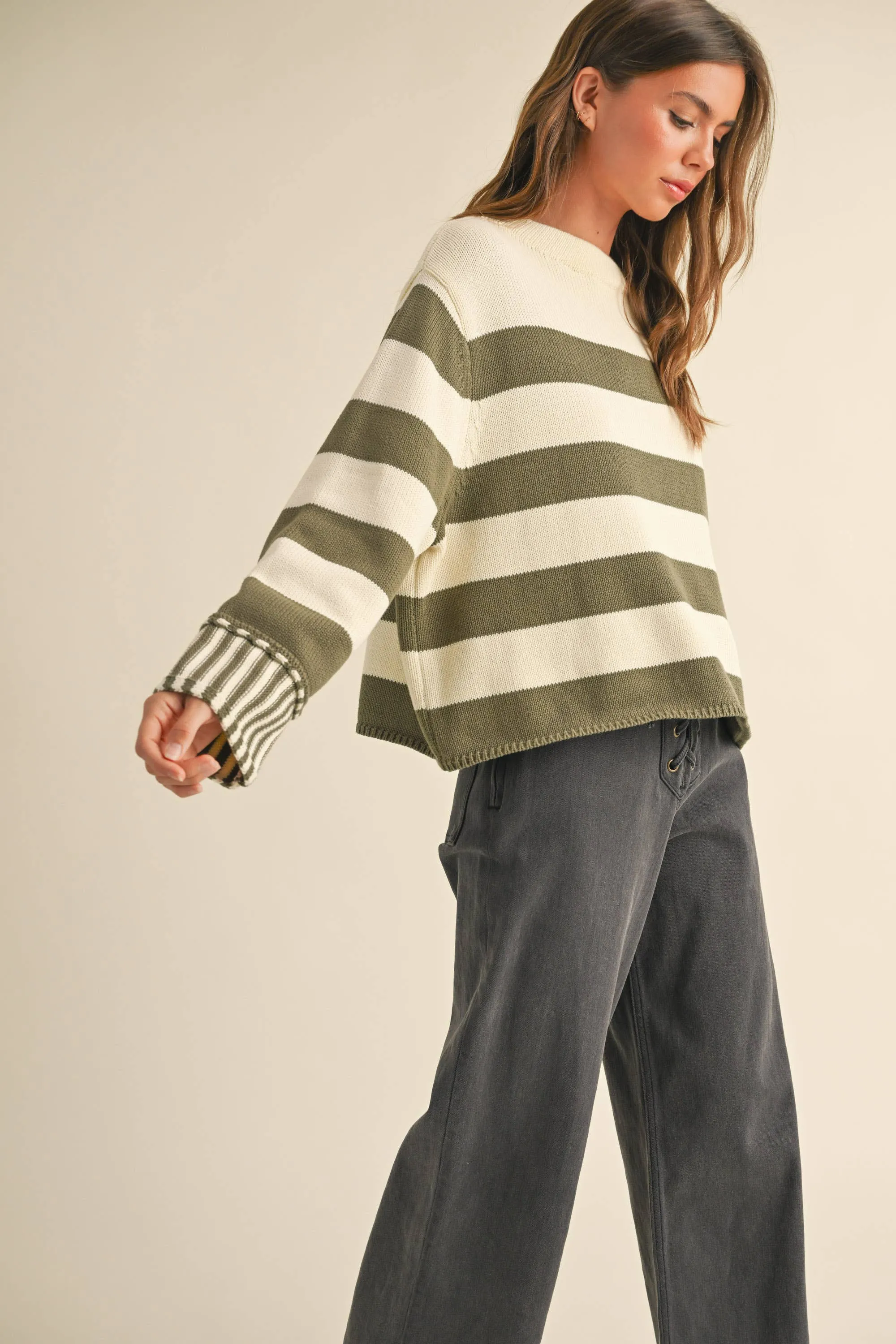 OLIVE/WHITE STRIPED SWEATER TOP