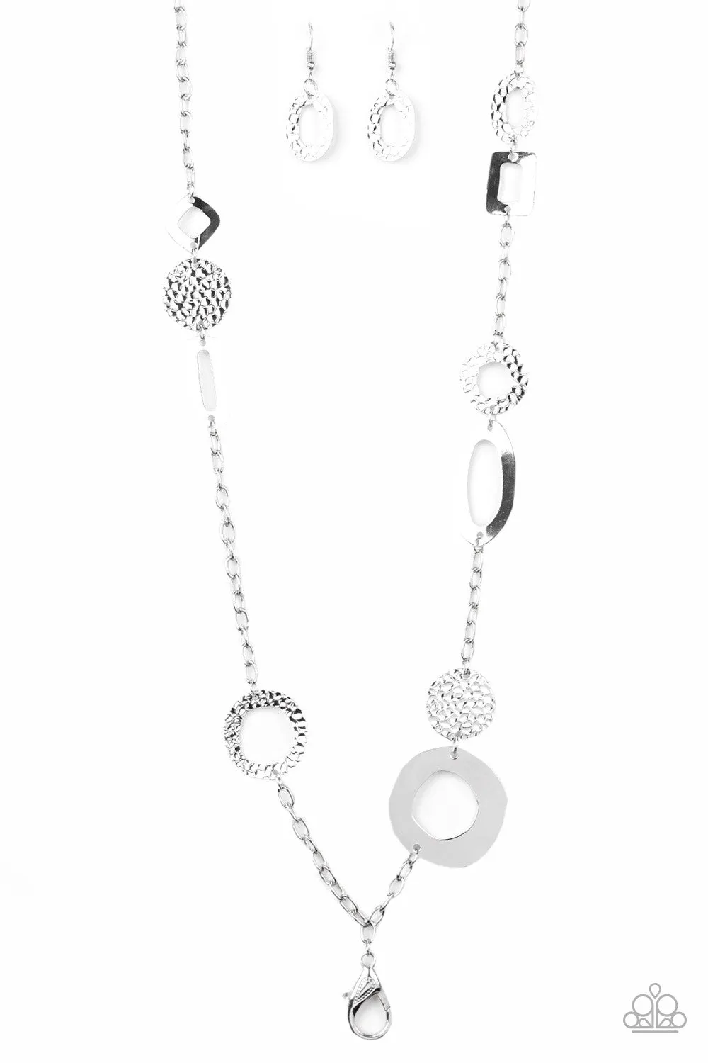 Paparazzi " Metro Scene " Silver Metal Mismatched Shapes Lanyard Necklace Set