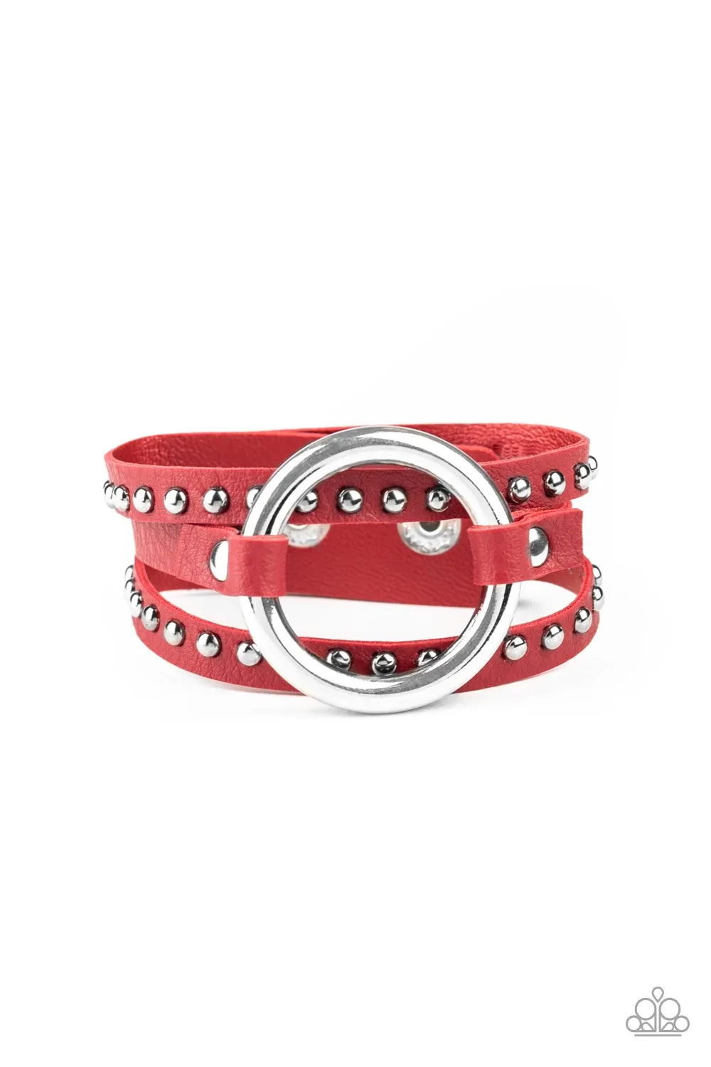 Paparazzi "Studded Statement-Maker" Red LEATHER & Silver Studded Snap Bracelet