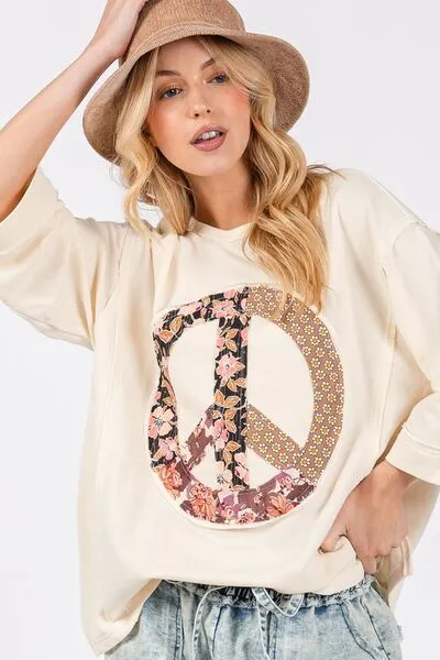 Peace In Motion Cream Floral Peace Patch Top
