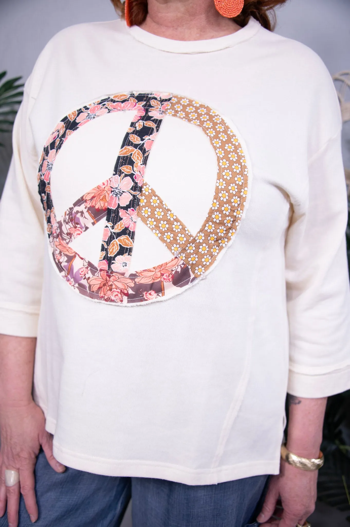 Peace In Motion Cream Floral Peace Patch Top
