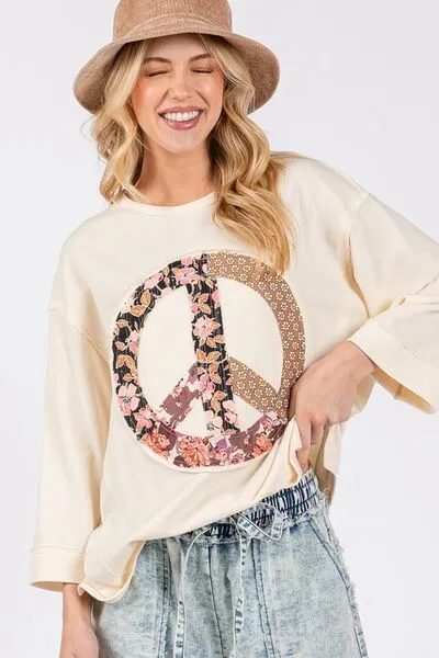 Peace In Motion Cream Floral Peace Patch Top