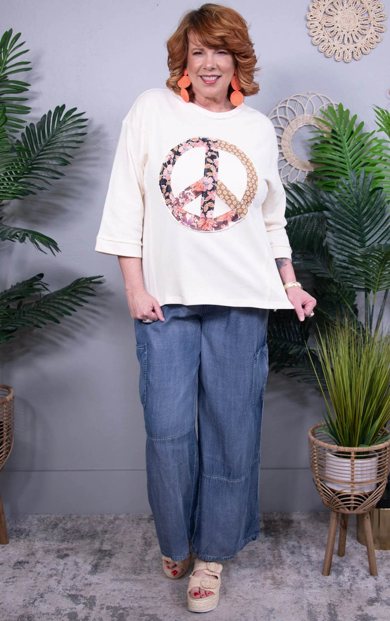Peace In Motion Cream Floral Peace Patch Top