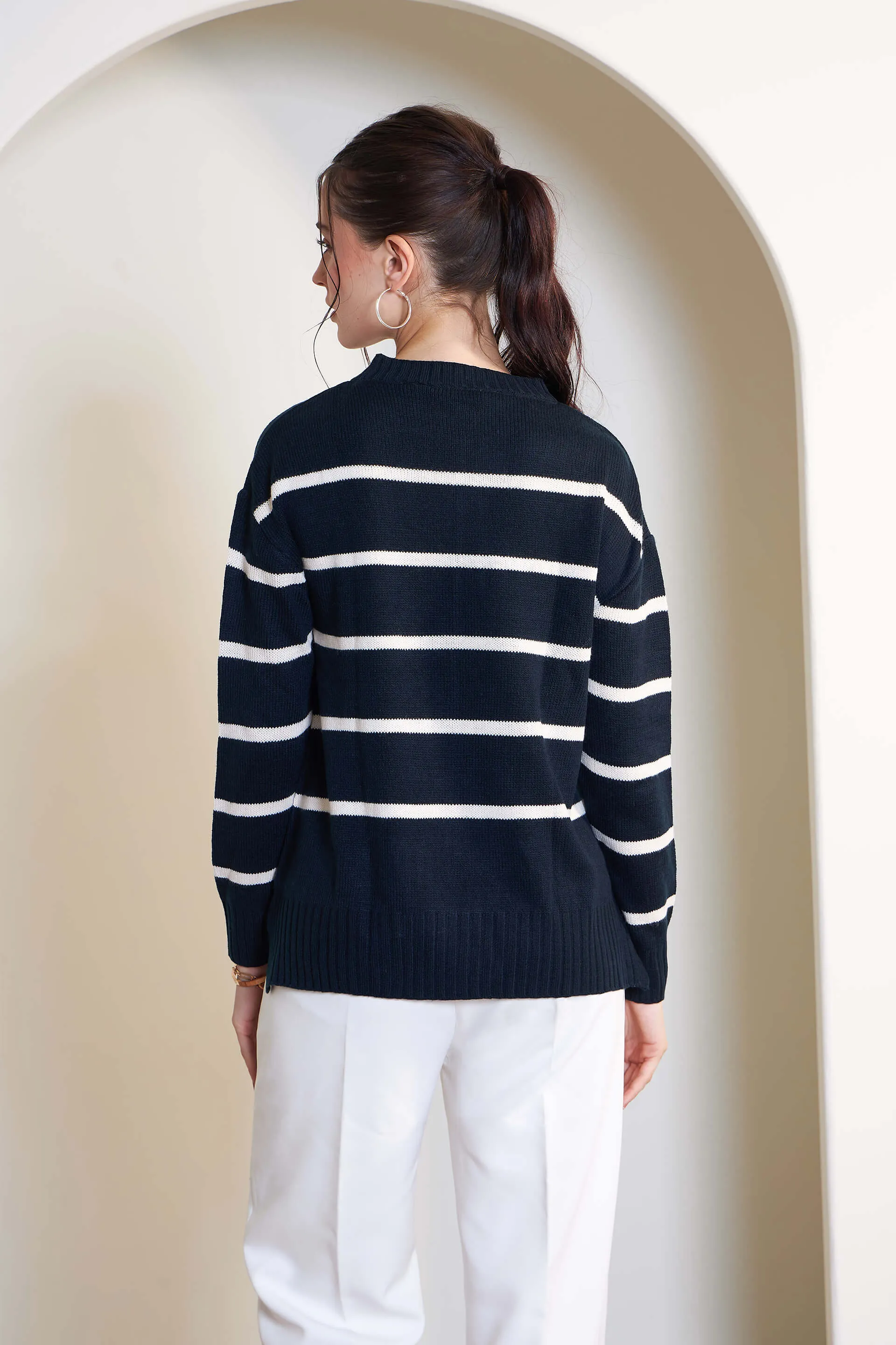 Penelope Striped Knit Sweater - Navy & White