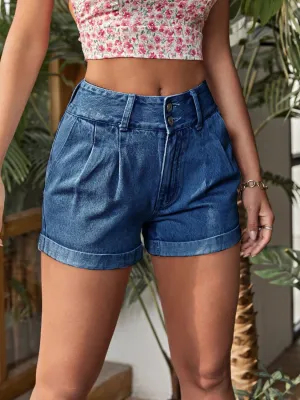 Pleated Detail High Rise Denim Shorts XS-XL