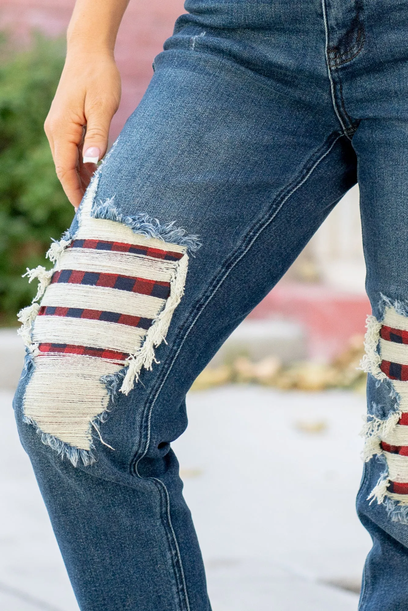 Plus Size Buffalo Plaid Patch Mid Rise Cuffed Boyfriend