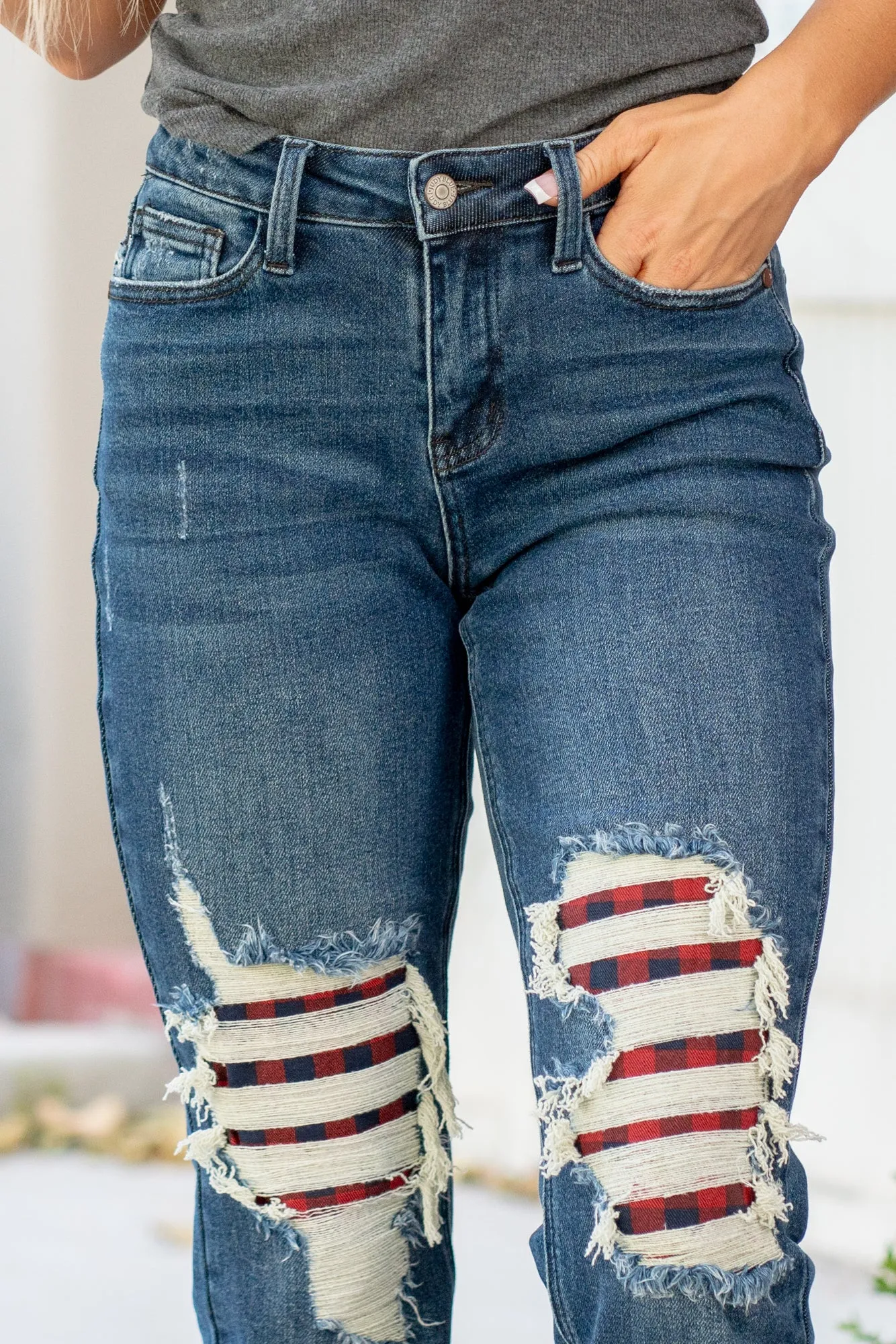 Plus Size Buffalo Plaid Patch Mid Rise Cuffed Boyfriend