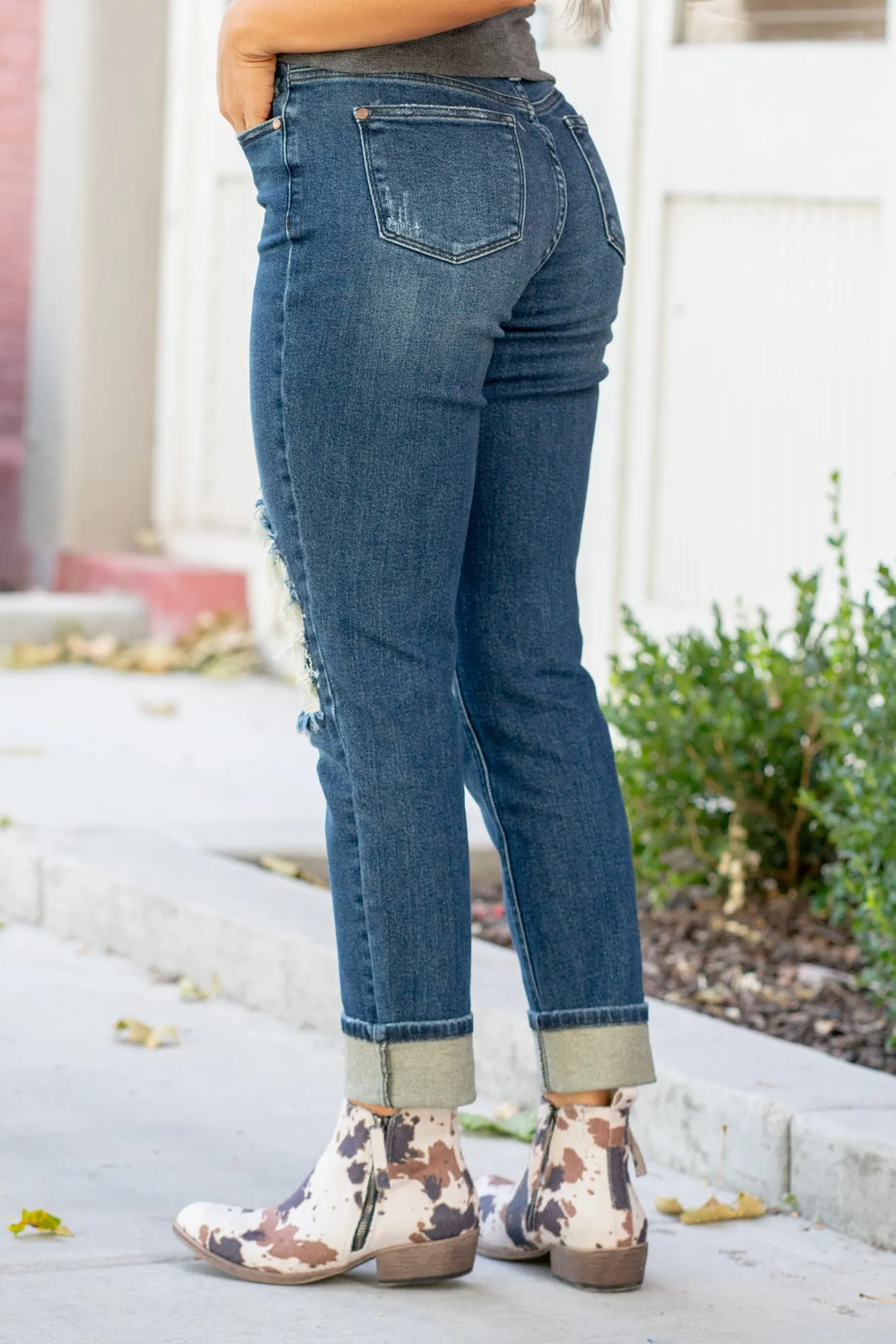 Plus Size Buffalo Plaid Patch Mid Rise Cuffed Boyfriend