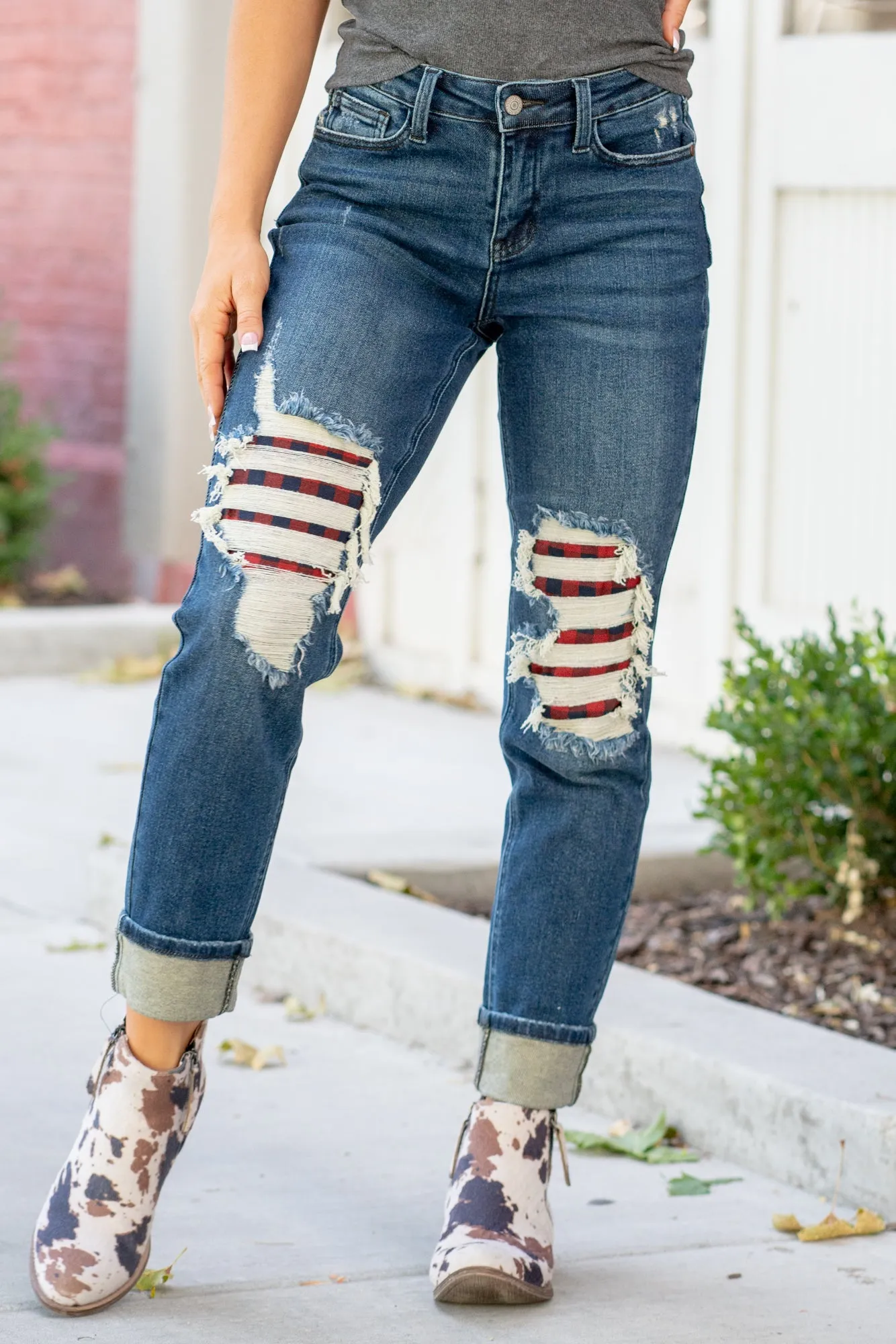 Plus Size Buffalo Plaid Patch Mid Rise Cuffed Boyfriend