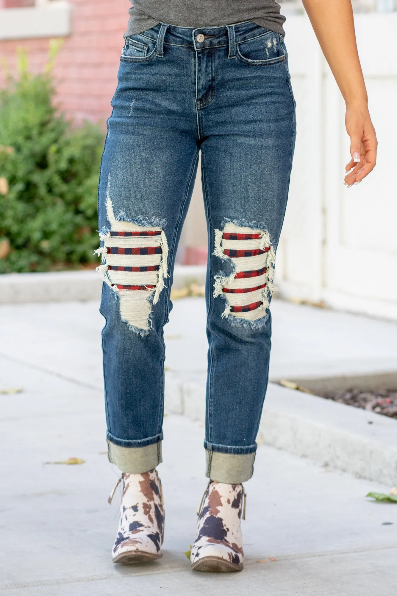 Plus Size Buffalo Plaid Patch Mid Rise Cuffed Boyfriend