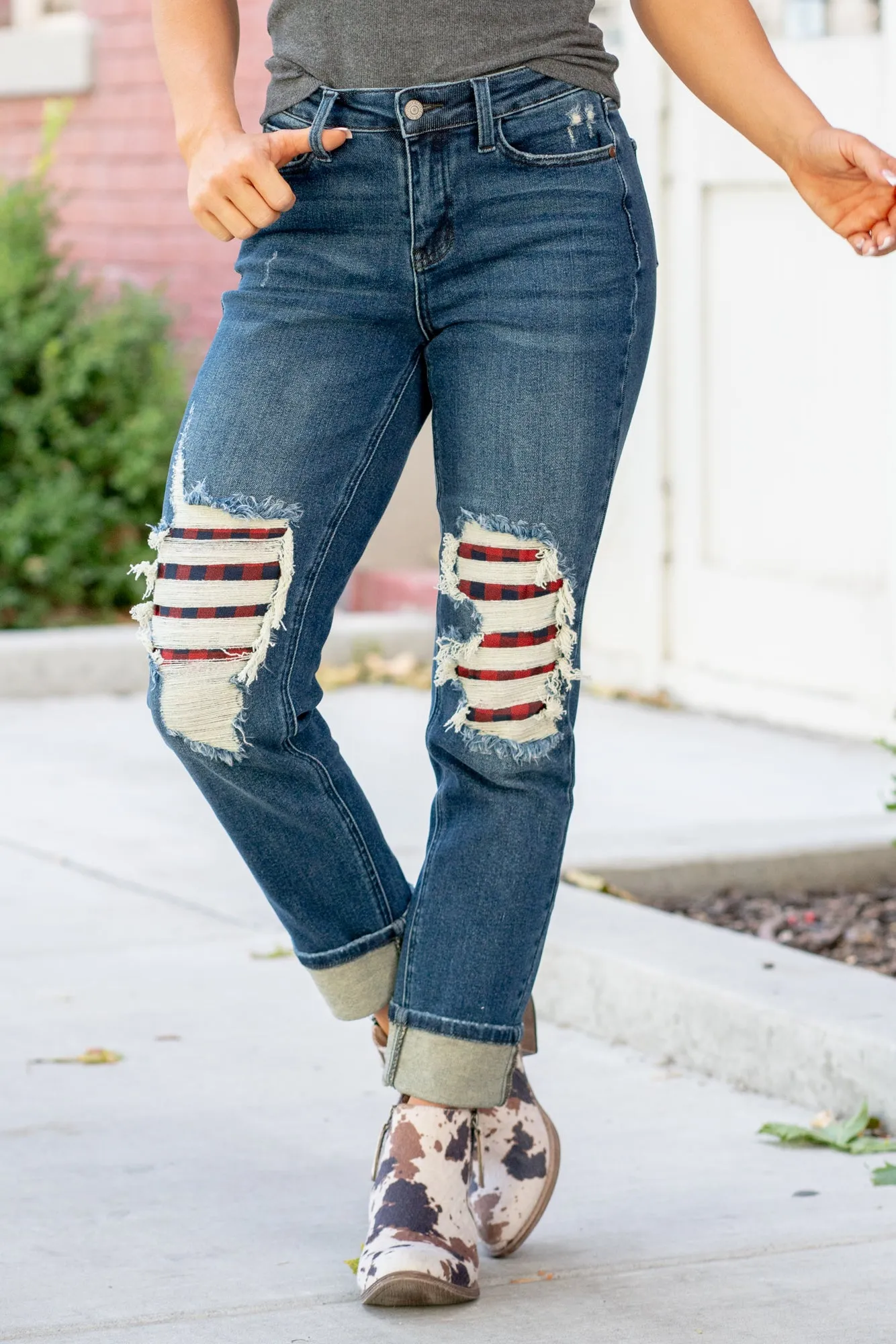 Plus Size Buffalo Plaid Patch Mid Rise Cuffed Boyfriend