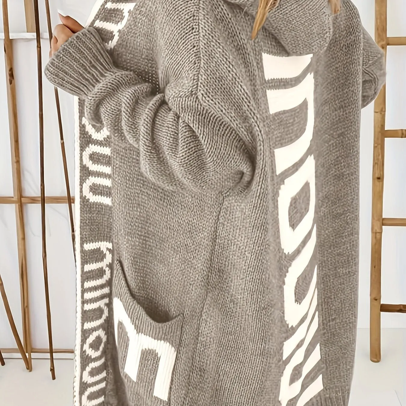 Premium Knitted Cardigan Sweaters For Women With Waterfall Collar - Trendy Letter Print